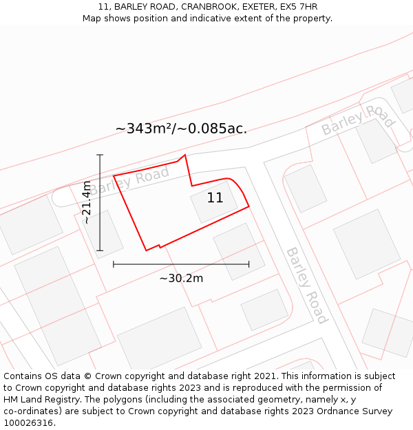 11, BARLEY ROAD, CRANBROOK, EXETER, EX5 7HR: Plot and title map