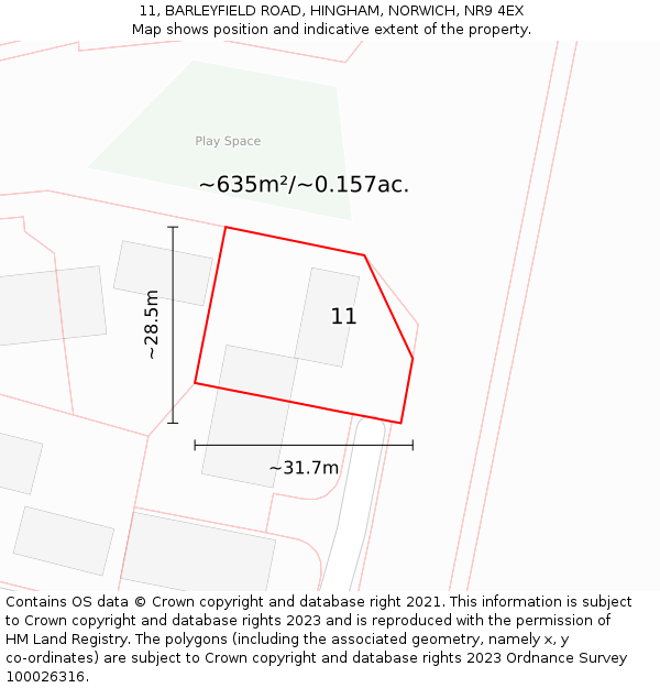 11, BARLEYFIELD ROAD, HINGHAM, NORWICH, NR9 4EX: Plot and title map