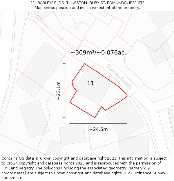 11, BARLEYFIELDS, THURSTON, BURY ST. EDMUNDS, IP31 3TF: Plot and title map