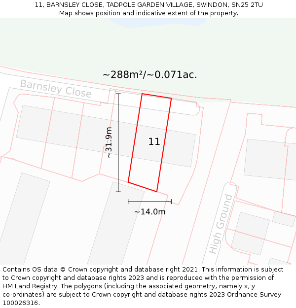 11, BARNSLEY CLOSE, TADPOLE GARDEN VILLAGE, SWINDON, SN25 2TU: Plot and title map
