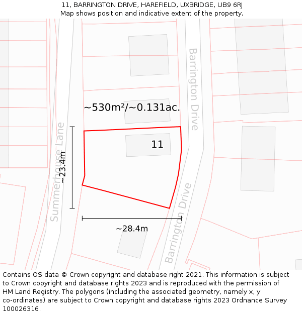 11, BARRINGTON DRIVE, HAREFIELD, UXBRIDGE, UB9 6RJ: Plot and title map