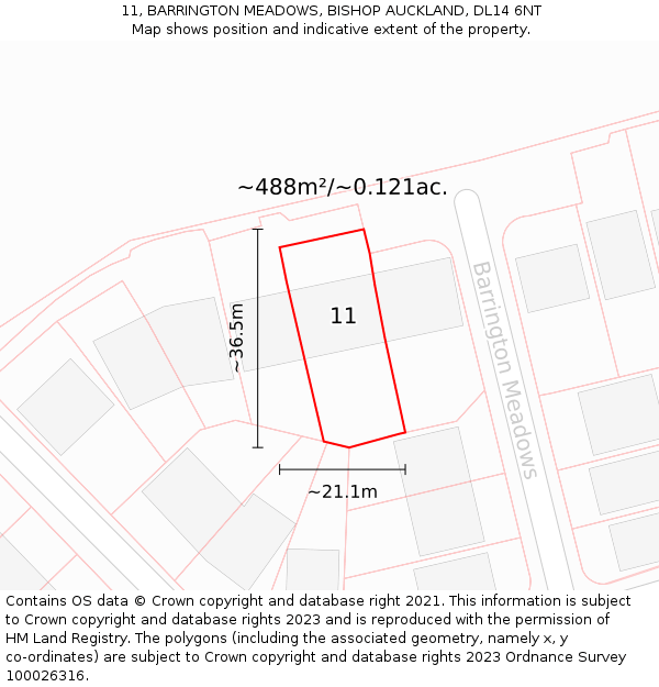 11, BARRINGTON MEADOWS, BISHOP AUCKLAND, DL14 6NT: Plot and title map