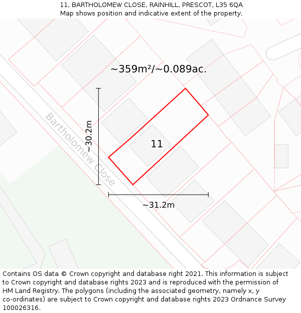11, BARTHOLOMEW CLOSE, RAINHILL, PRESCOT, L35 6QA: Plot and title map