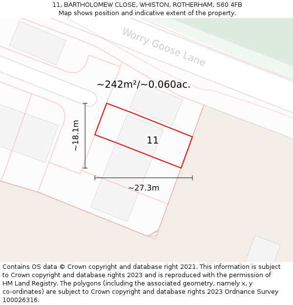 11, BARTHOLOMEW CLOSE, WHISTON, ROTHERHAM, S60 4FB: Plot and title map