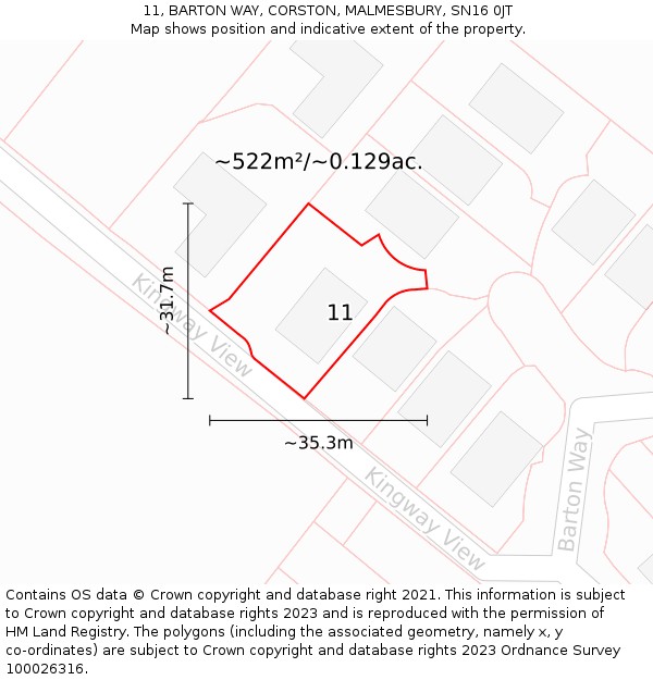 11, BARTON WAY, CORSTON, MALMESBURY, SN16 0JT: Plot and title map
