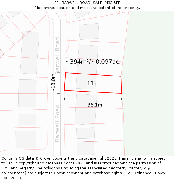 11, BARWELL ROAD, SALE, M33 5FE: Plot and title map