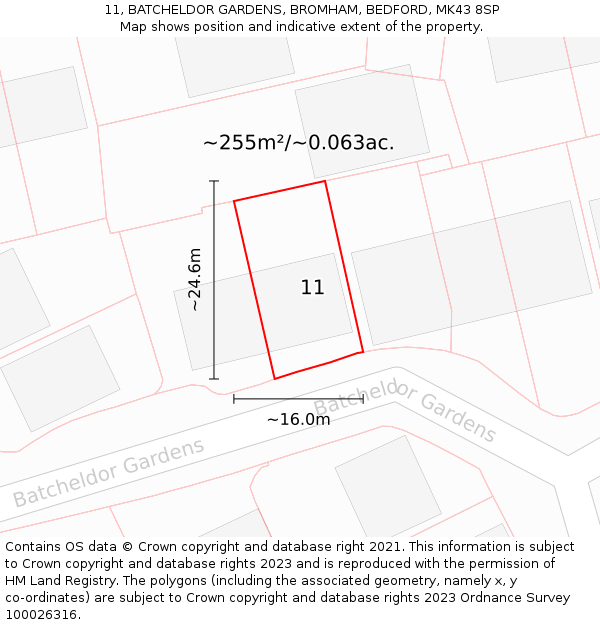 11, BATCHELDOR GARDENS, BROMHAM, BEDFORD, MK43 8SP: Plot and title map