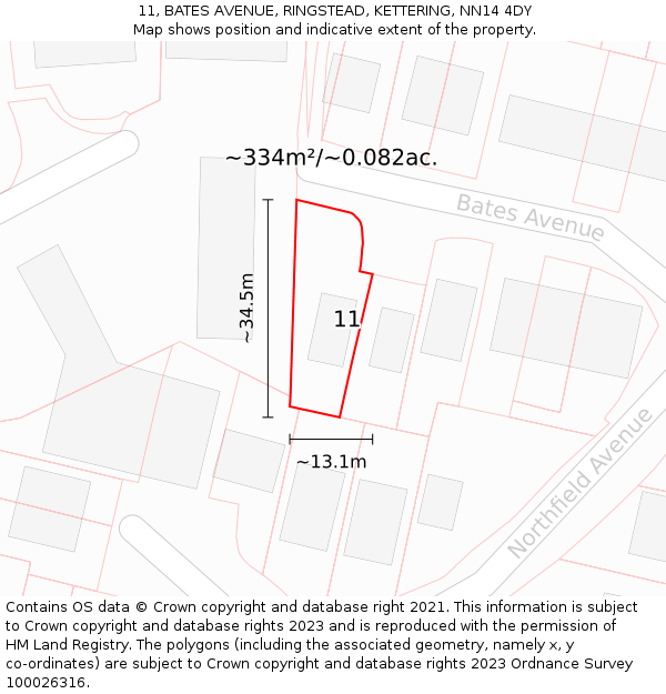 11, BATES AVENUE, RINGSTEAD, KETTERING, NN14 4DY: Plot and title map