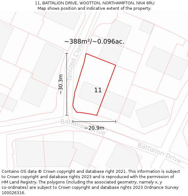 11, BATTALION DRIVE, WOOTTON, NORTHAMPTON, NN4 6RU: Plot and title map