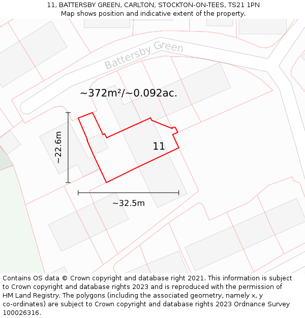 11, BATTERSBY GREEN, CARLTON, STOCKTON-ON-TEES, TS21 1PN: Plot and title map