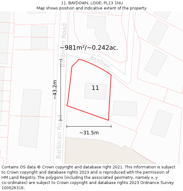 11, BAYDOWN, LOOE, PL13 1NU: Plot and title map