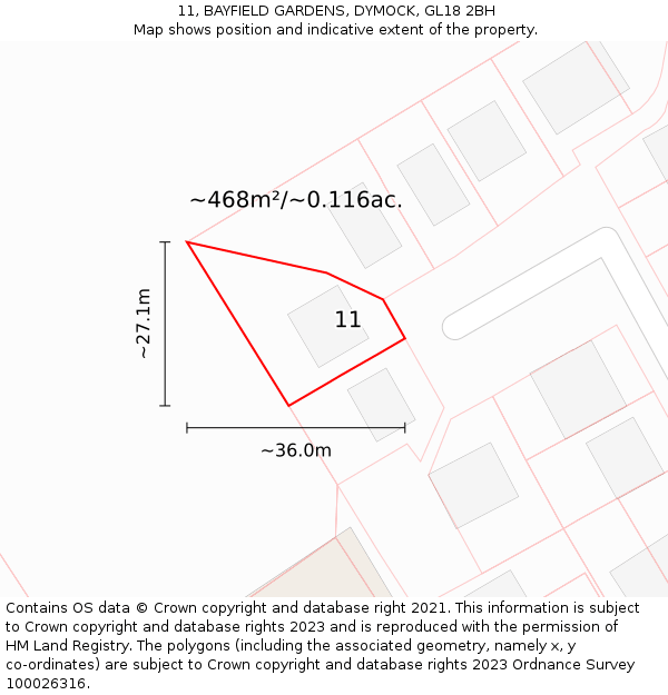 11, BAYFIELD GARDENS, DYMOCK, GL18 2BH: Plot and title map