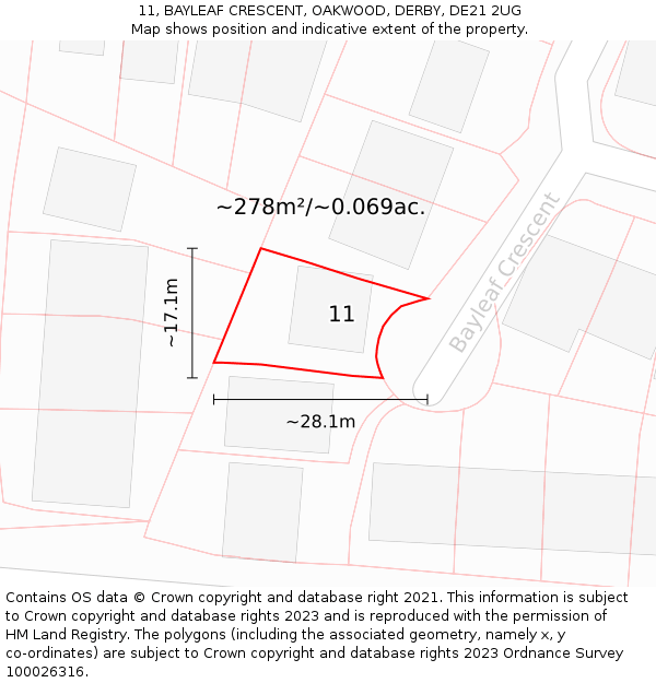 11, BAYLEAF CRESCENT, OAKWOOD, DERBY, DE21 2UG: Plot and title map