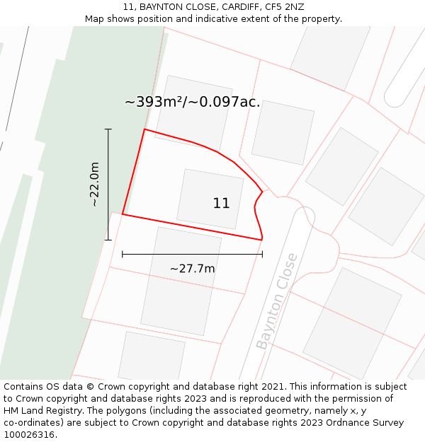 11, BAYNTON CLOSE, CARDIFF, CF5 2NZ: Plot and title map
