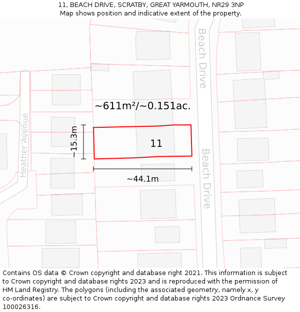 11, BEACH DRIVE, SCRATBY, GREAT YARMOUTH, NR29 3NP: Plot and title map