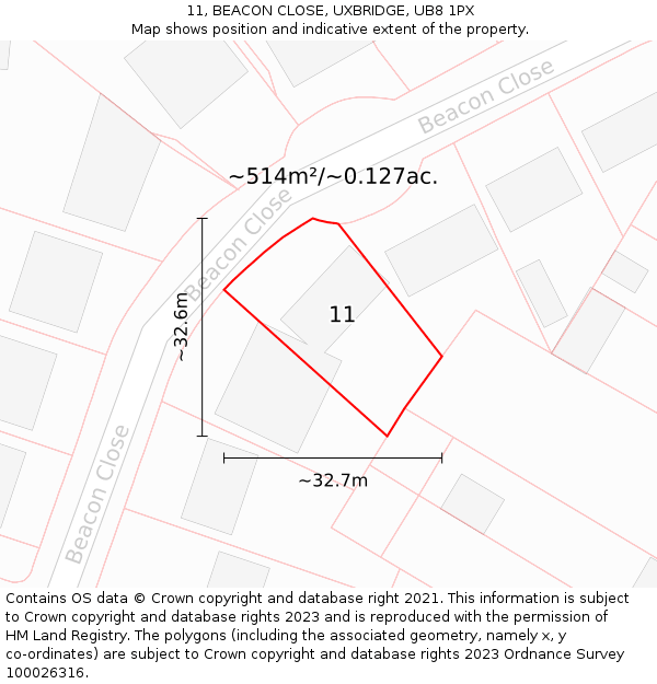 11, BEACON CLOSE, UXBRIDGE, UB8 1PX: Plot and title map