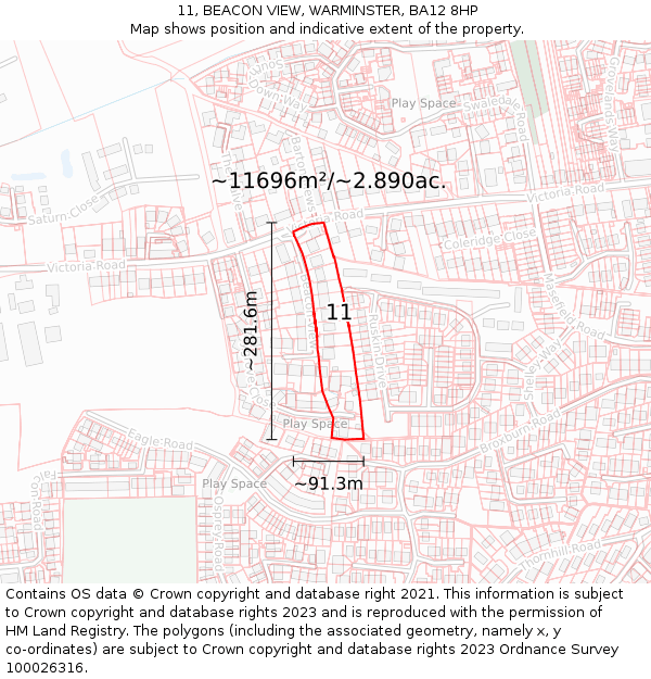 11, BEACON VIEW, WARMINSTER, BA12 8HP: Plot and title map