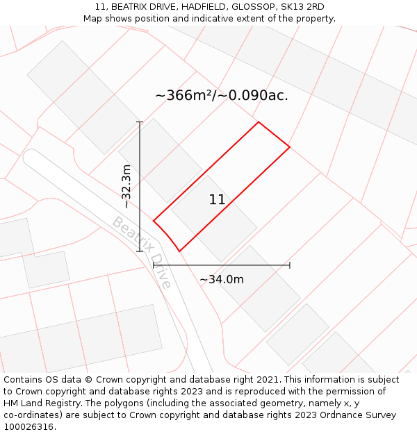 11, BEATRIX DRIVE, HADFIELD, GLOSSOP, SK13 2RD: Plot and title map