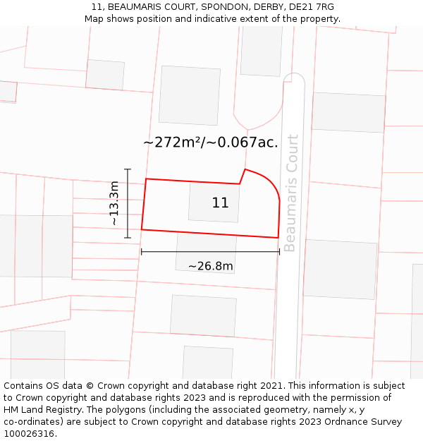 11, BEAUMARIS COURT, SPONDON, DERBY, DE21 7RG: Plot and title map