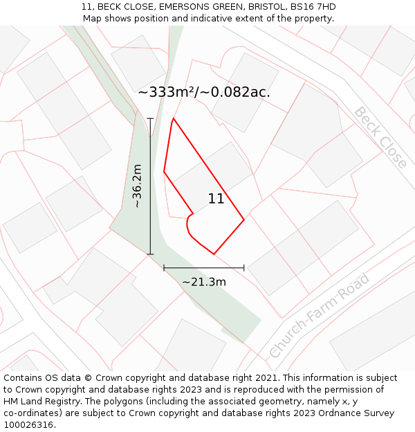 11, BECK CLOSE, EMERSONS GREEN, BRISTOL, BS16 7HD: Plot and title map