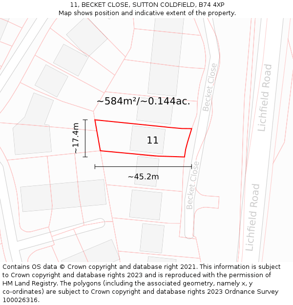 11, BECKET CLOSE, SUTTON COLDFIELD, B74 4XP: Plot and title map