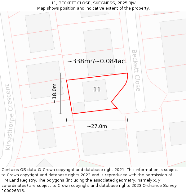 11, BECKETT CLOSE, SKEGNESS, PE25 3JW: Plot and title map