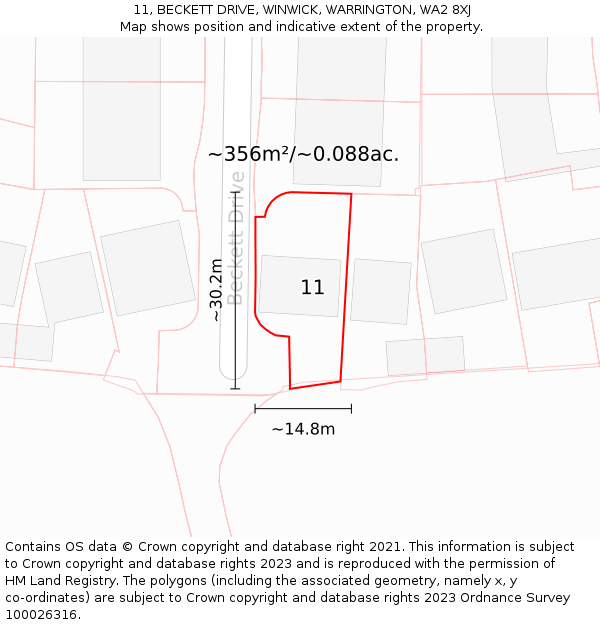 11, BECKETT DRIVE, WINWICK, WARRINGTON, WA2 8XJ: Plot and title map