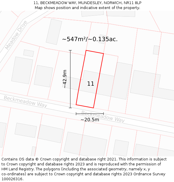 11, BECKMEADOW WAY, MUNDESLEY, NORWICH, NR11 8LP: Plot and title map