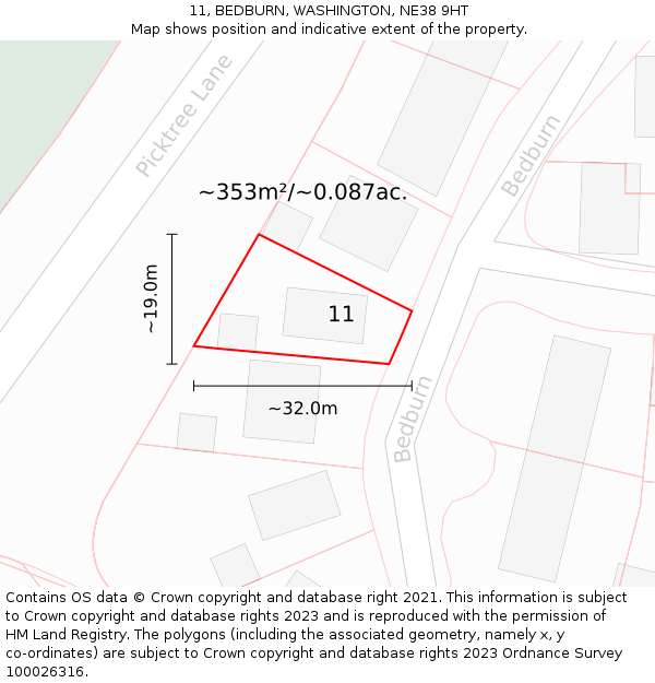 11, BEDBURN, WASHINGTON, NE38 9HT: Plot and title map