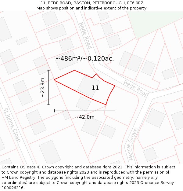 11, BEDE ROAD, BASTON, PETERBOROUGH, PE6 9PZ: Plot and title map