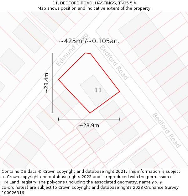 11, BEDFORD ROAD, HASTINGS, TN35 5JA: Plot and title map