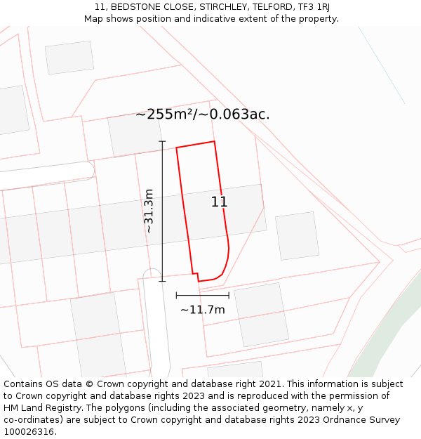 11, BEDSTONE CLOSE, STIRCHLEY, TELFORD, TF3 1RJ: Plot and title map