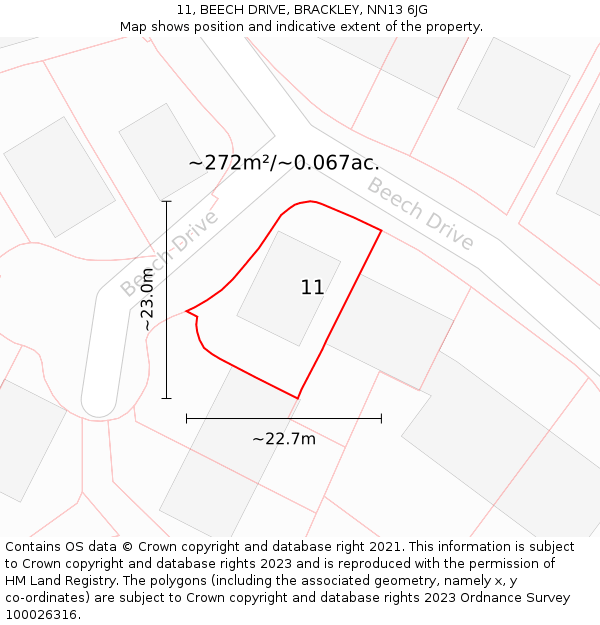 11, BEECH DRIVE, BRACKLEY, NN13 6JG: Plot and title map