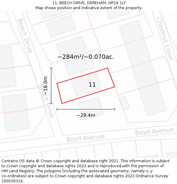 11, BEECH DRIVE, DEREHAM, NR19 1LY: Plot and title map