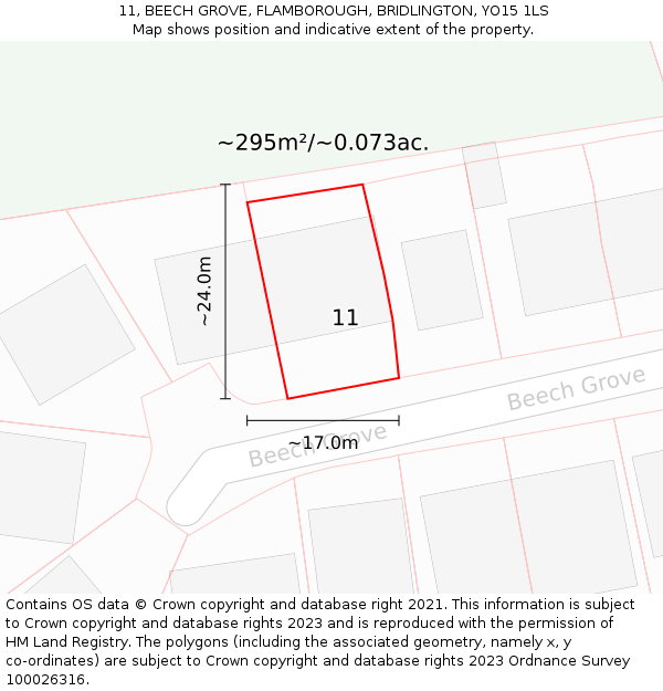11, BEECH GROVE, FLAMBOROUGH, BRIDLINGTON, YO15 1LS: Plot and title map
