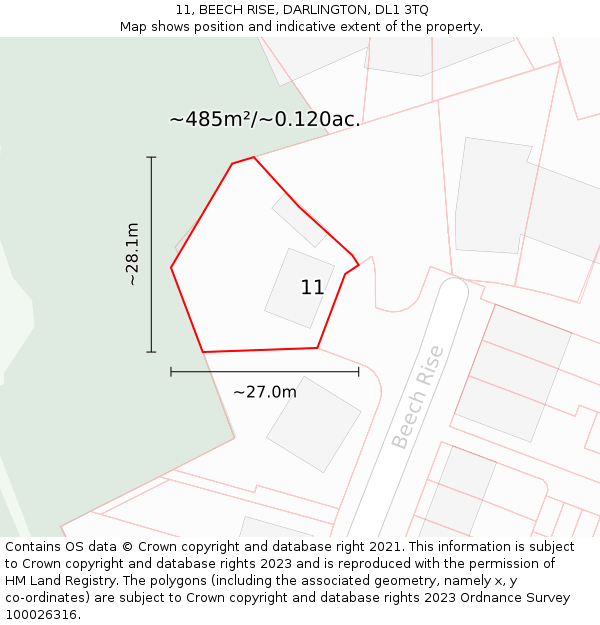 11, BEECH RISE, DARLINGTON, DL1 3TQ: Plot and title map