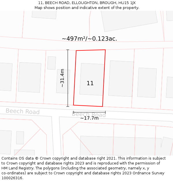 11, BEECH ROAD, ELLOUGHTON, BROUGH, HU15 1JX: Plot and title map