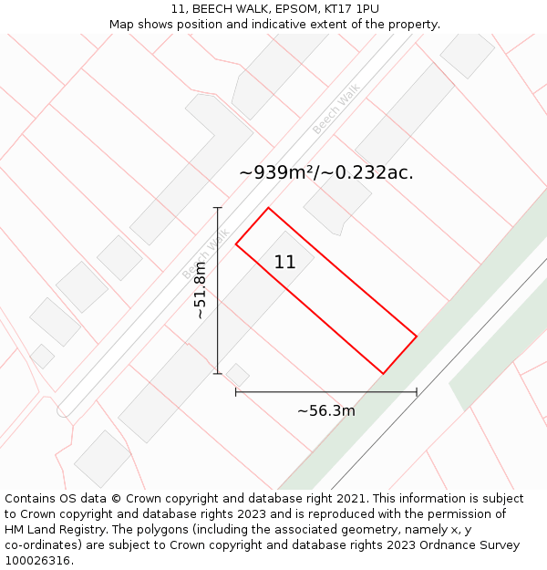 11, BEECH WALK, EPSOM, KT17 1PU: Plot and title map
