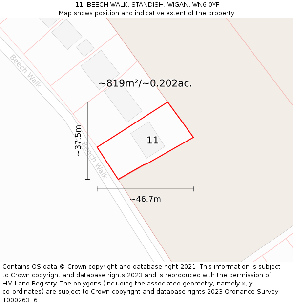 11, BEECH WALK, STANDISH, WIGAN, WN6 0YF: Plot and title map