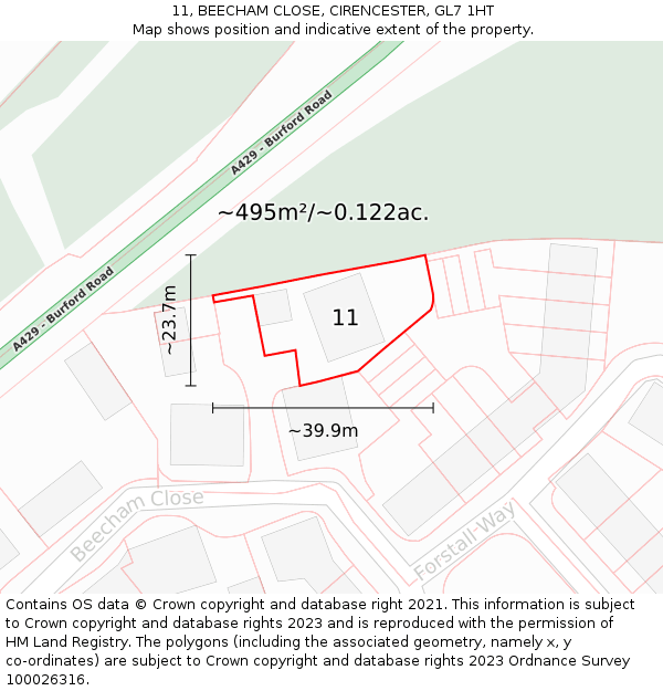11, BEECHAM CLOSE, CIRENCESTER, GL7 1HT: Plot and title map