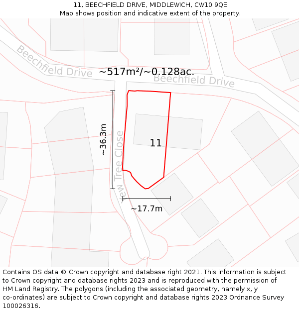 11, BEECHFIELD DRIVE, MIDDLEWICH, CW10 9QE: Plot and title map