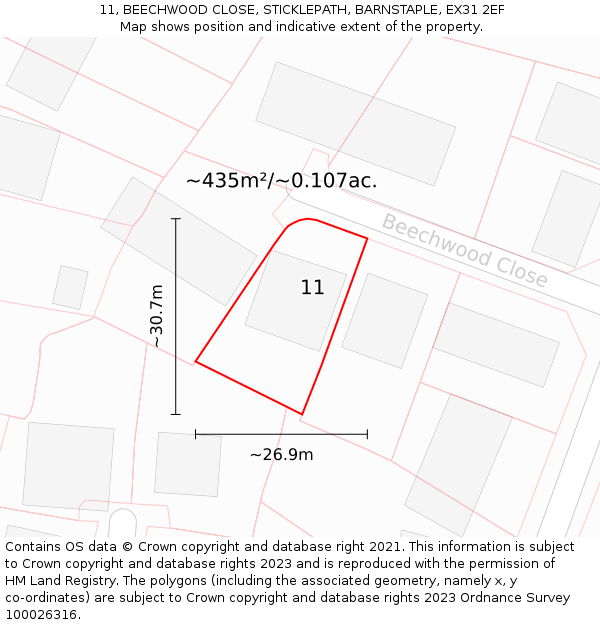 11, BEECHWOOD CLOSE, STICKLEPATH, BARNSTAPLE, EX31 2EF: Plot and title map