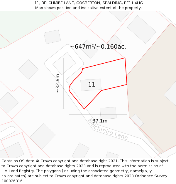 11, BELCHMIRE LANE, GOSBERTON, SPALDING, PE11 4HG: Plot and title map