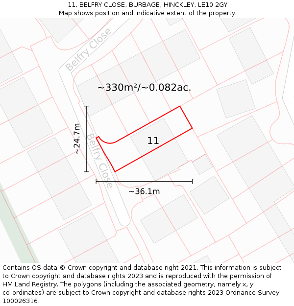 11, BELFRY CLOSE, BURBAGE, HINCKLEY, LE10 2GY: Plot and title map