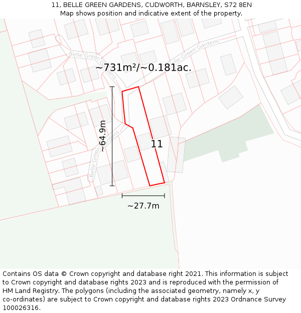 11, BELLE GREEN GARDENS, CUDWORTH, BARNSLEY, S72 8EN: Plot and title map