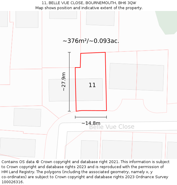 11, BELLE VUE CLOSE, BOURNEMOUTH, BH6 3QW: Plot and title map
