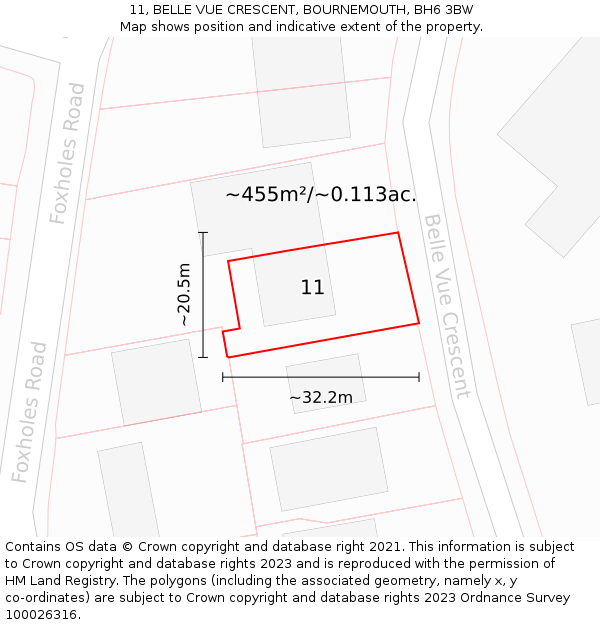 11, BELLE VUE CRESCENT, BOURNEMOUTH, BH6 3BW: Plot and title map