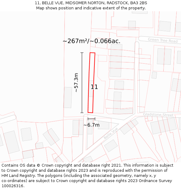 11, BELLE VUE, MIDSOMER NORTON, RADSTOCK, BA3 2BS: Plot and title map