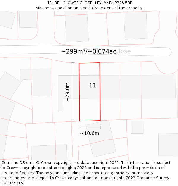 11, BELLFLOWER CLOSE, LEYLAND, PR25 5RF: Plot and title map