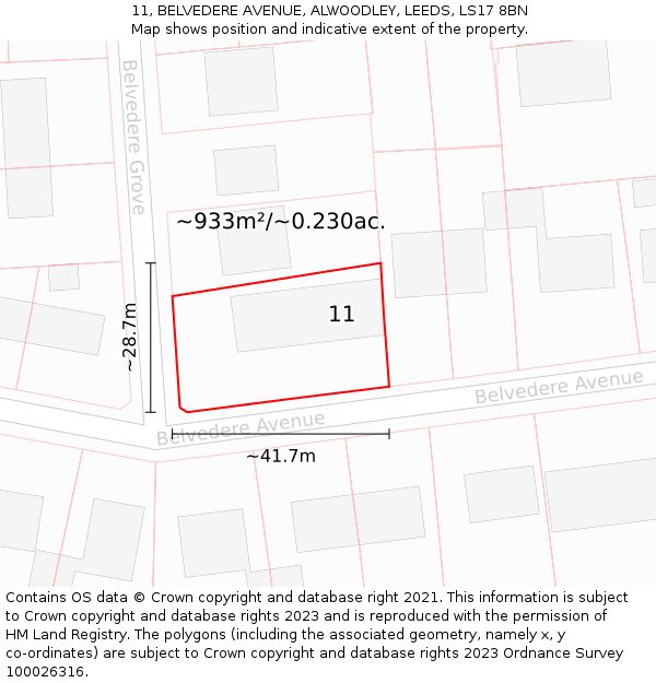 11, BELVEDERE AVENUE, ALWOODLEY, LEEDS, LS17 8BN: Plot and title map